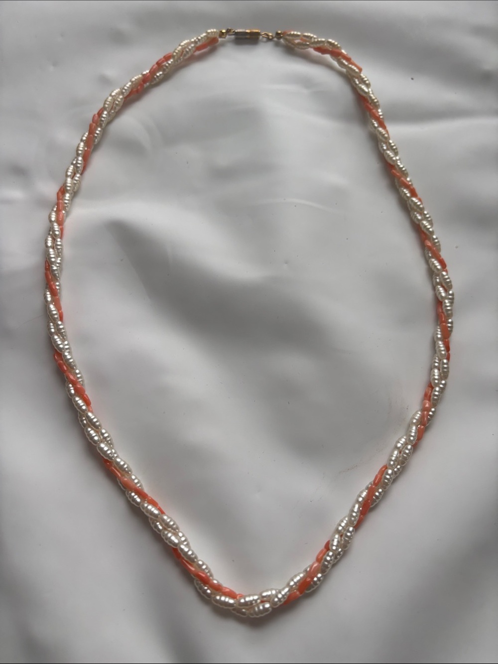 Vintage Salmon Angel Skin Coral Bead Cultured Pearls Necklace 3 strands Long 22”